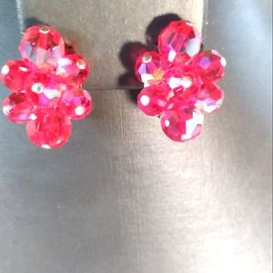 SHERMAN Signed Red Faceted Aurora Borealis Bead Cluster Clip On Earrings Vintage